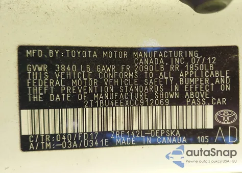 2012 Toyota Corolla S from USA, damaged, VIN 2T1BU4EEXCC912069